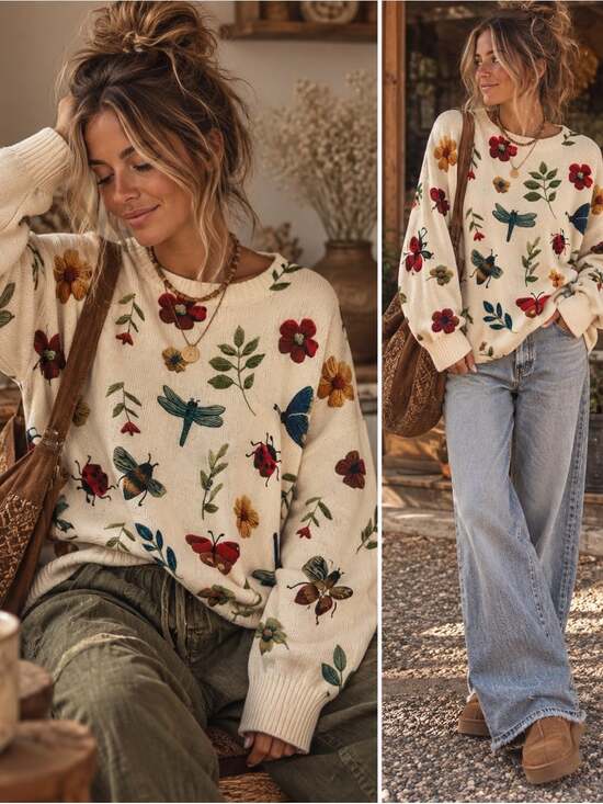 Sweaters - Cream Botanical Insect Print Oversized Sweater Floral Butterfly Bee M-XL